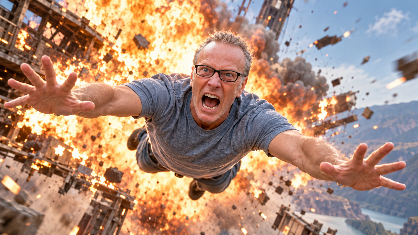 Filmische actie-afbeelding van Dave met een explosieve achtergrond