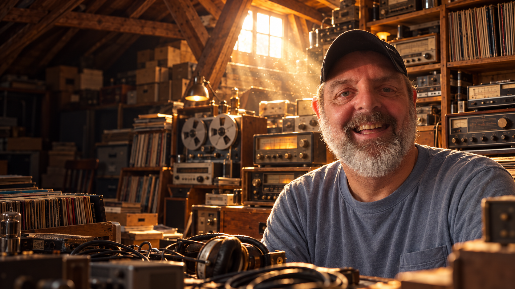Max Hermans tussen de radio’s, platen en bandrecorders in zijn filmische muziekzolder